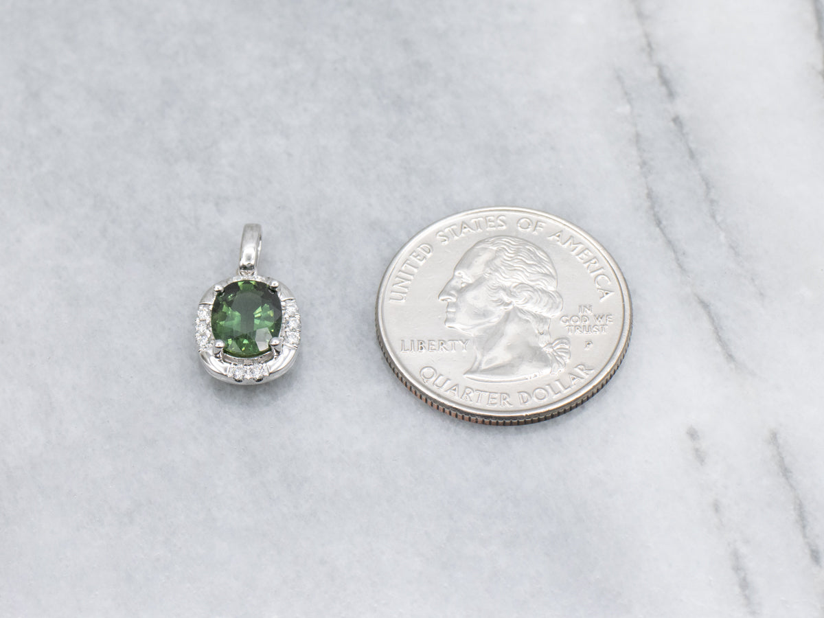 Oval-Cut Green Sapphire and Diamond Halo White Gold Pendant
