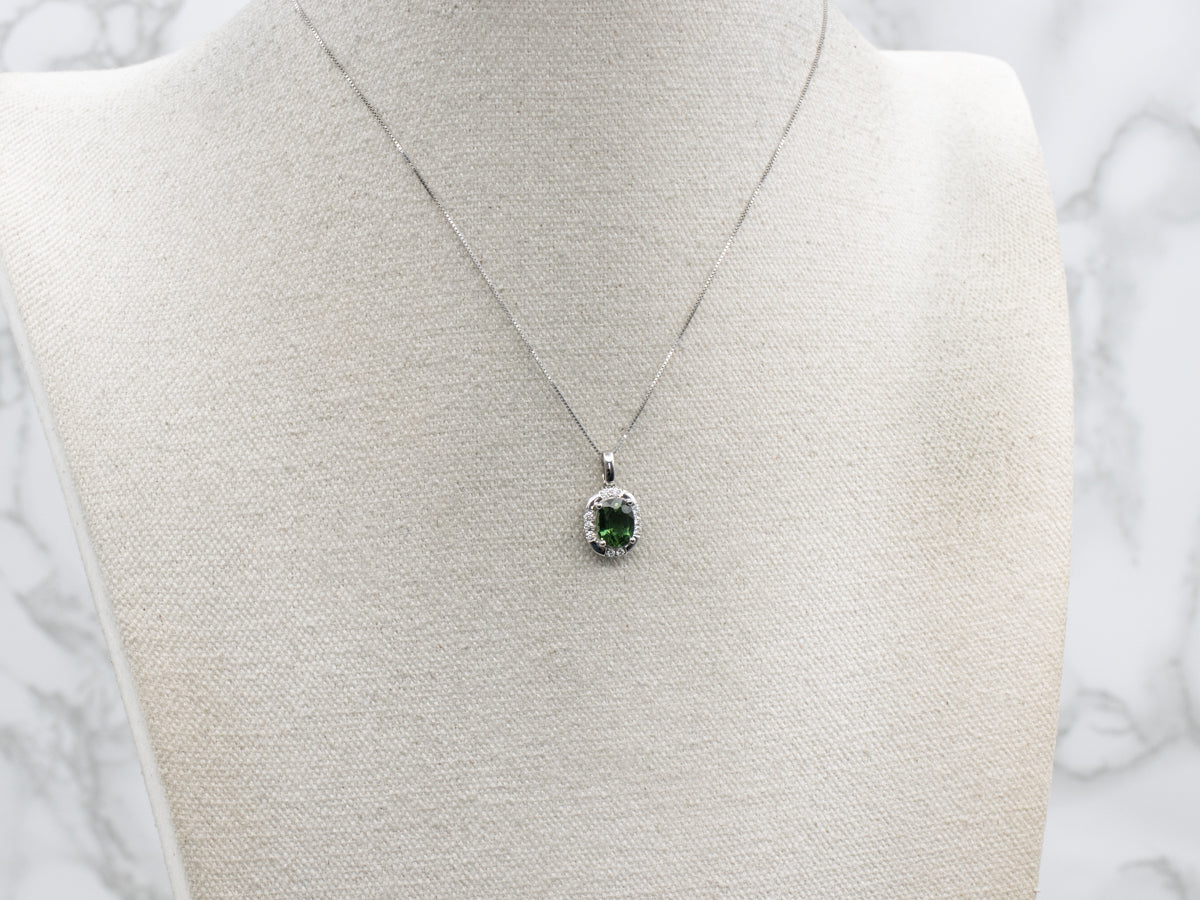 Oval-Cut Green Sapphire and Diamond Halo White Gold Pendant