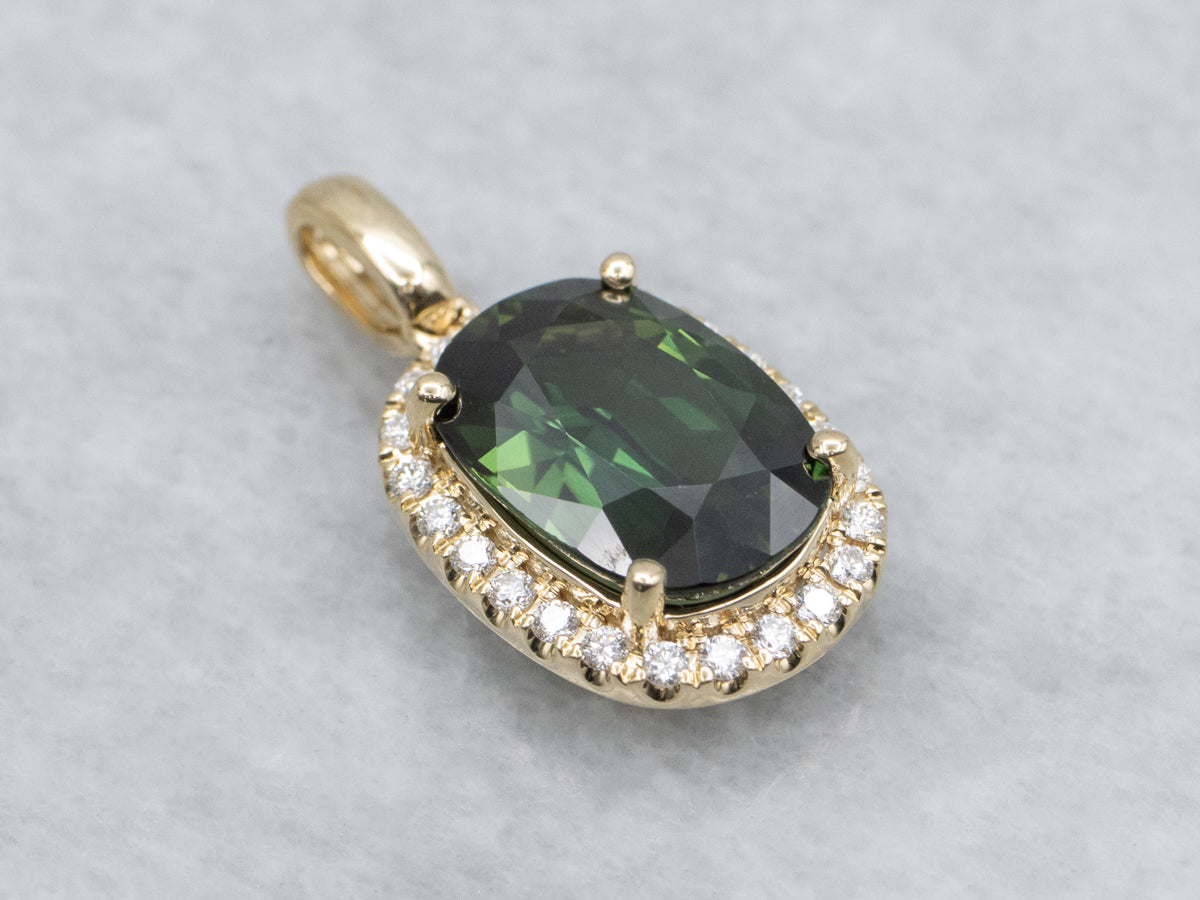 Modern Cushion-Cut Green Sapphire and Diamond Halo Pendant