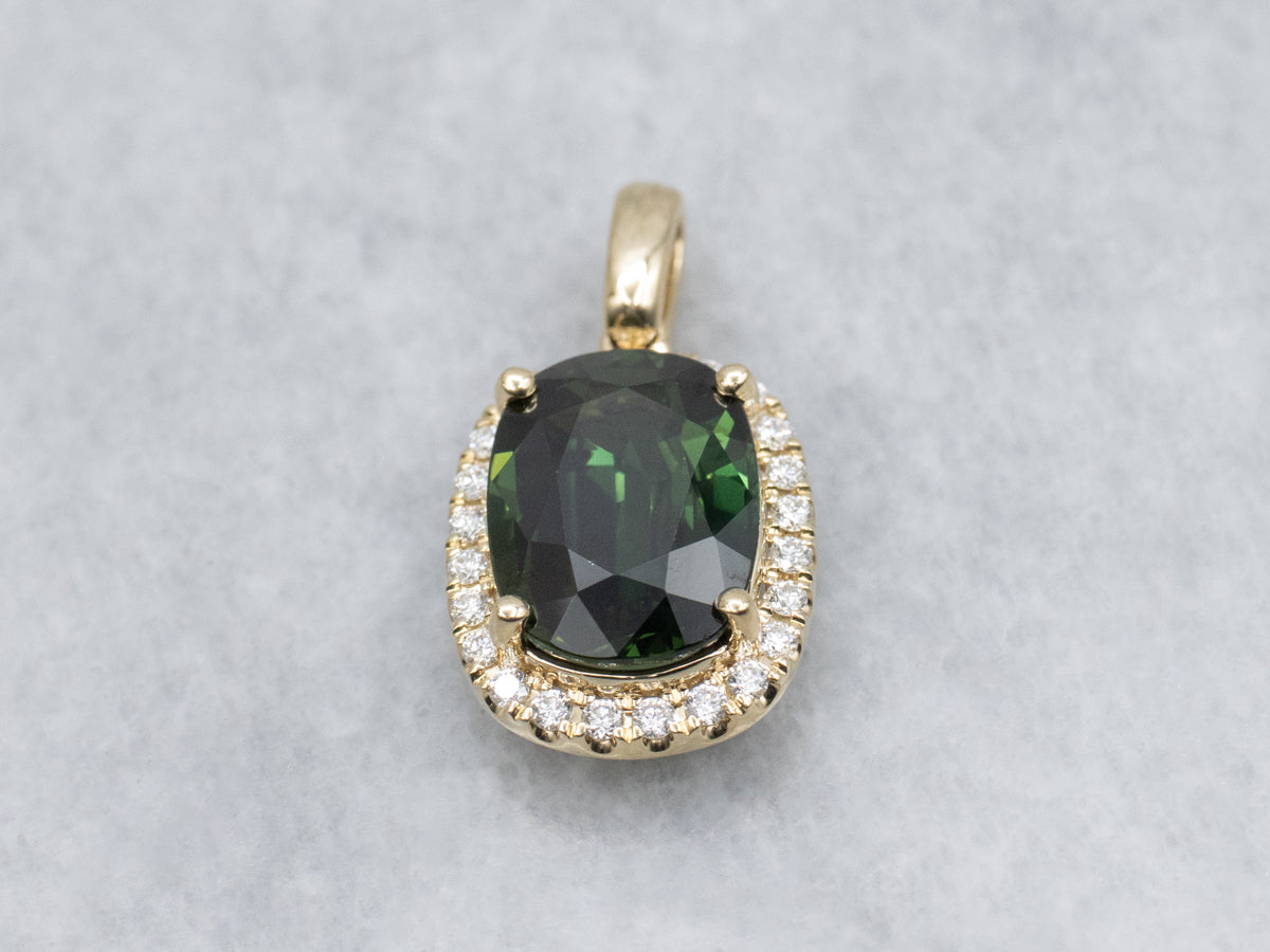 Modern Cushion-Cut Green Sapphire and Diamond Halo Pendant