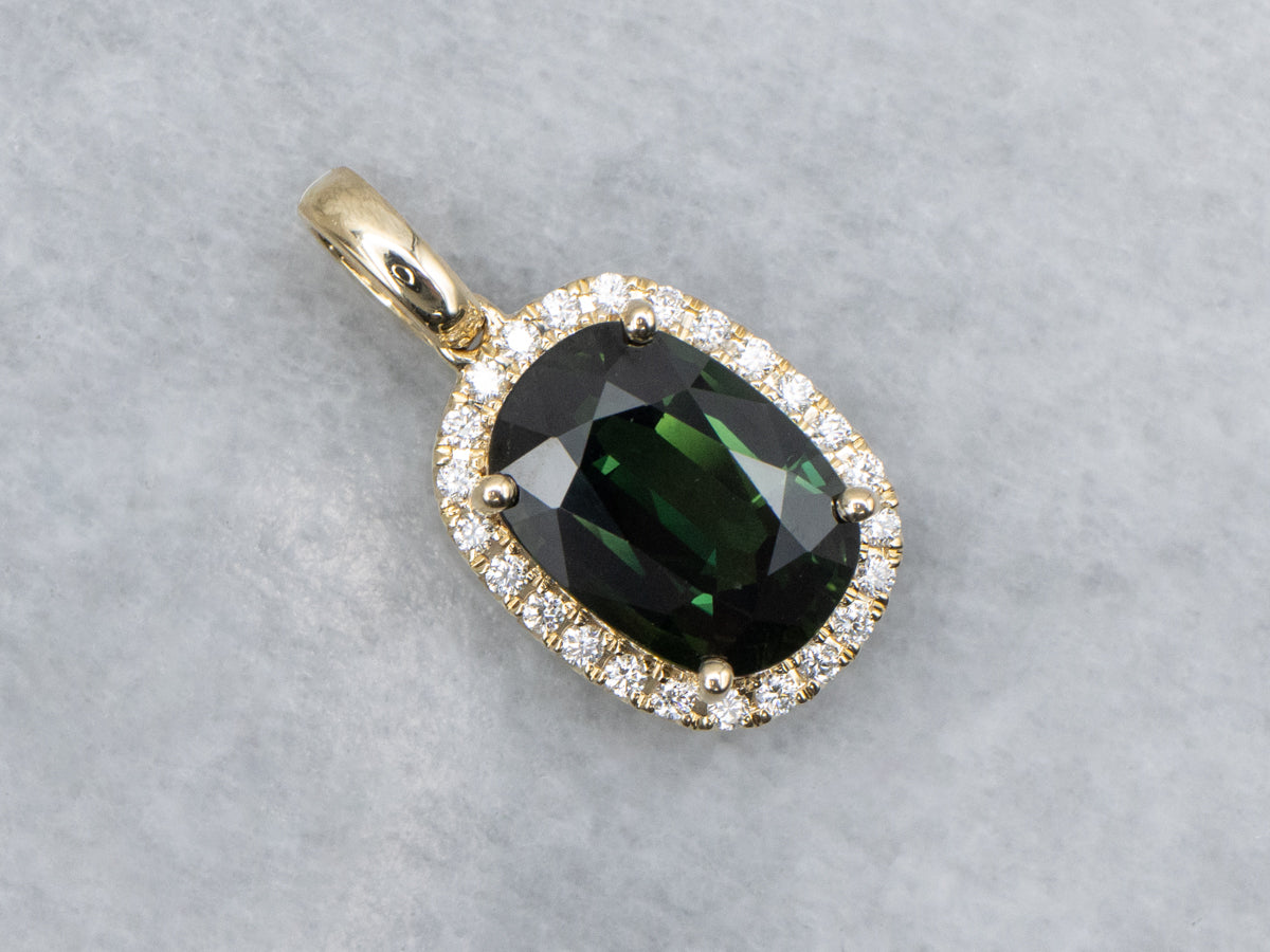 Modern Cushion-Cut Green Sapphire and Diamond Halo Pendant