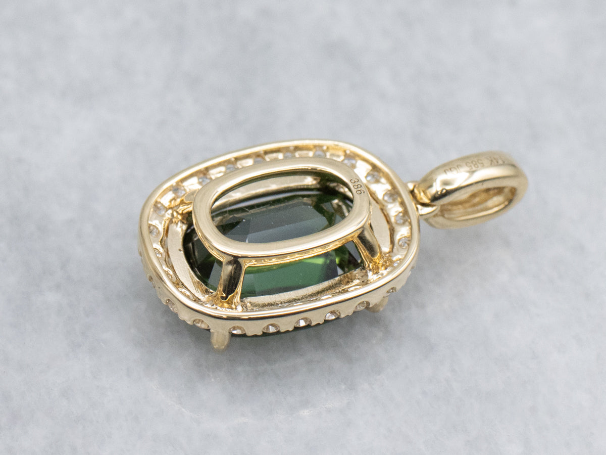 Modern Cushion-Cut Green Sapphire and Diamond Halo Pendant