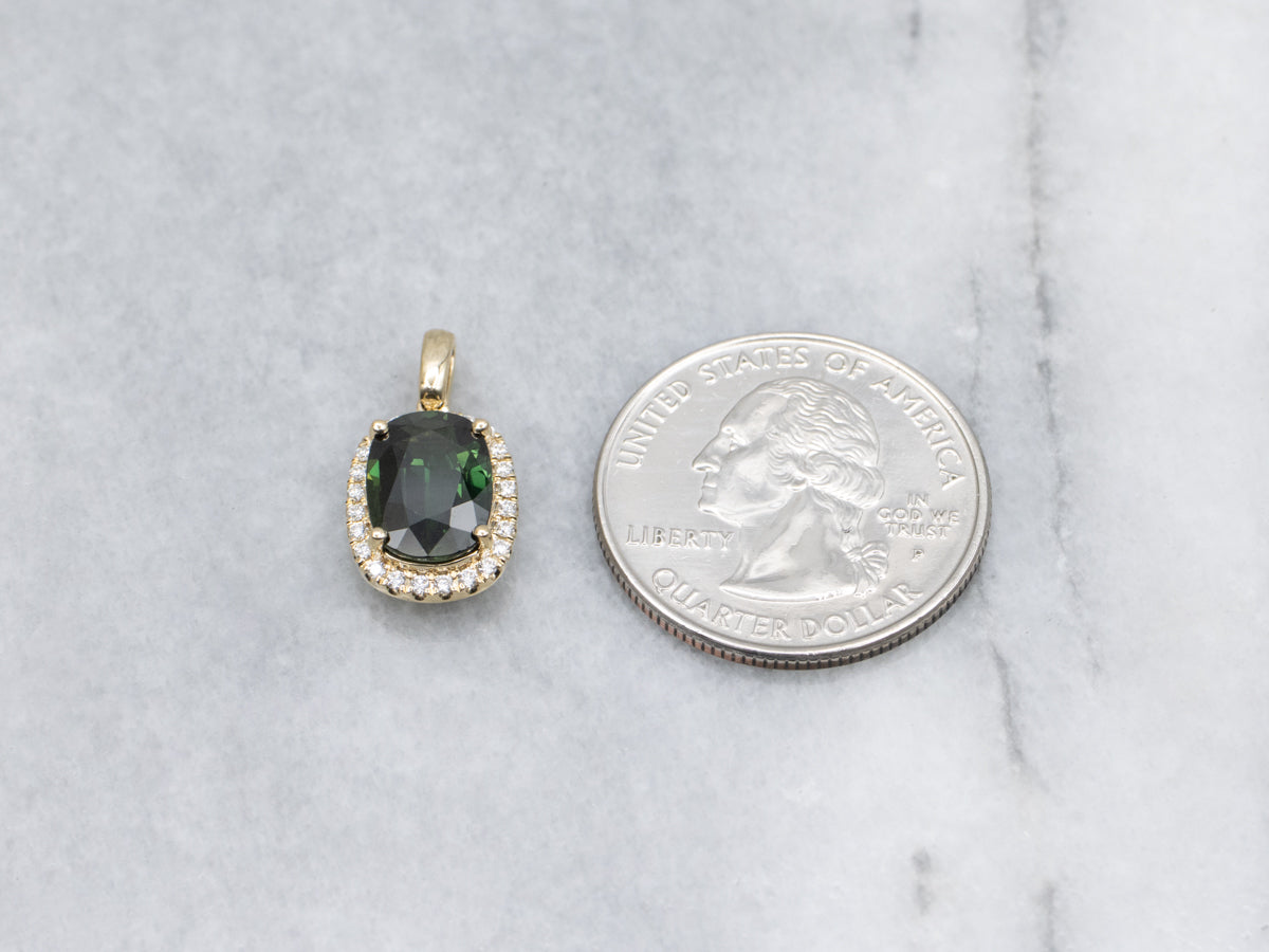 Modern Cushion-Cut Green Sapphire and Diamond Halo Pendant