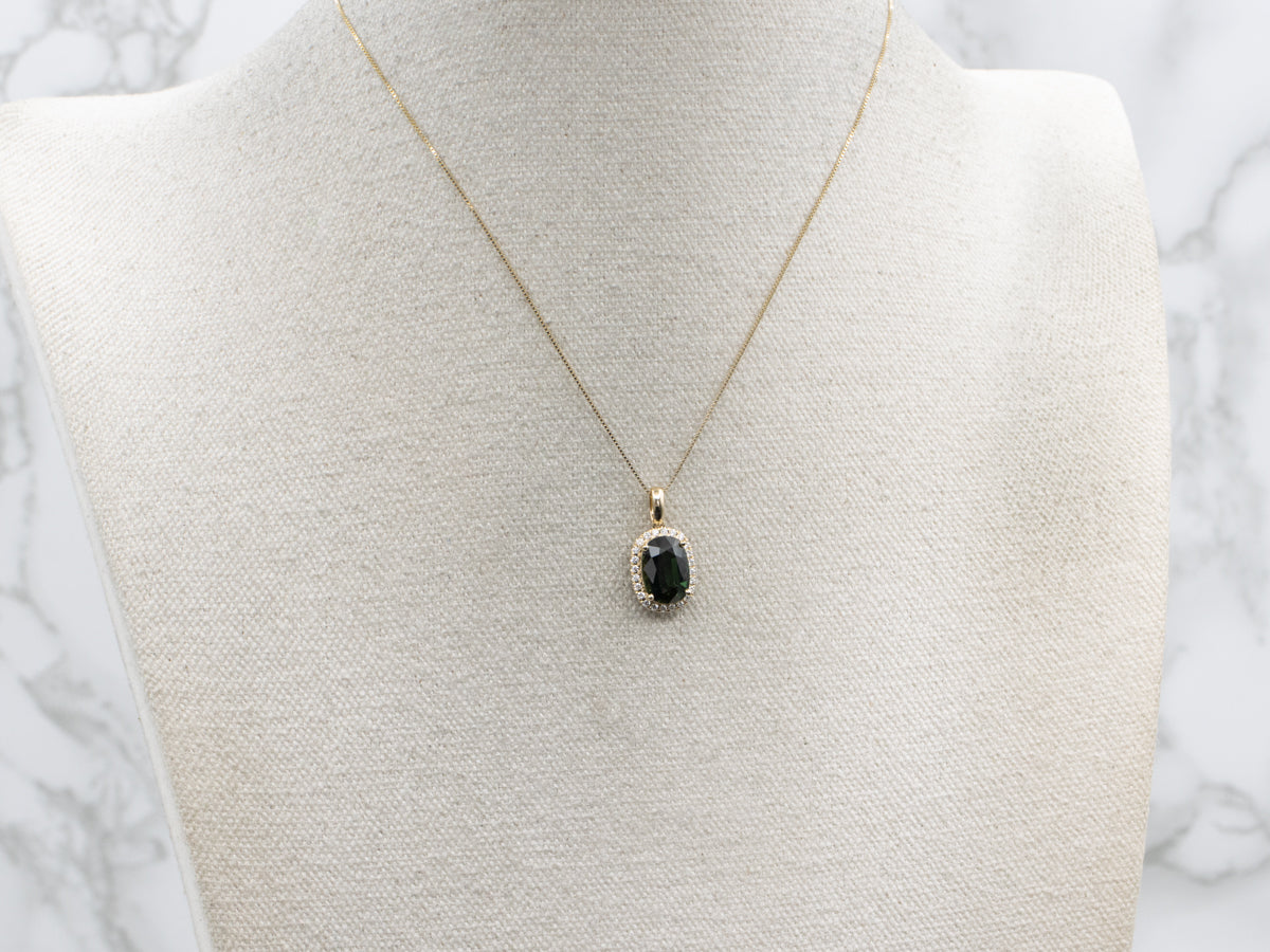 Modern Cushion-Cut Green Sapphire and Diamond Halo Pendant