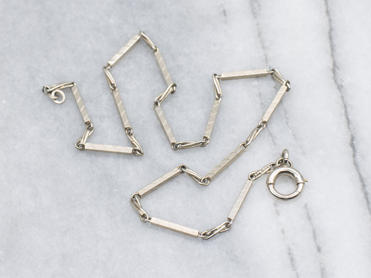 Vintage Etched White Gold Bar-Link Pocket Watch Chain
