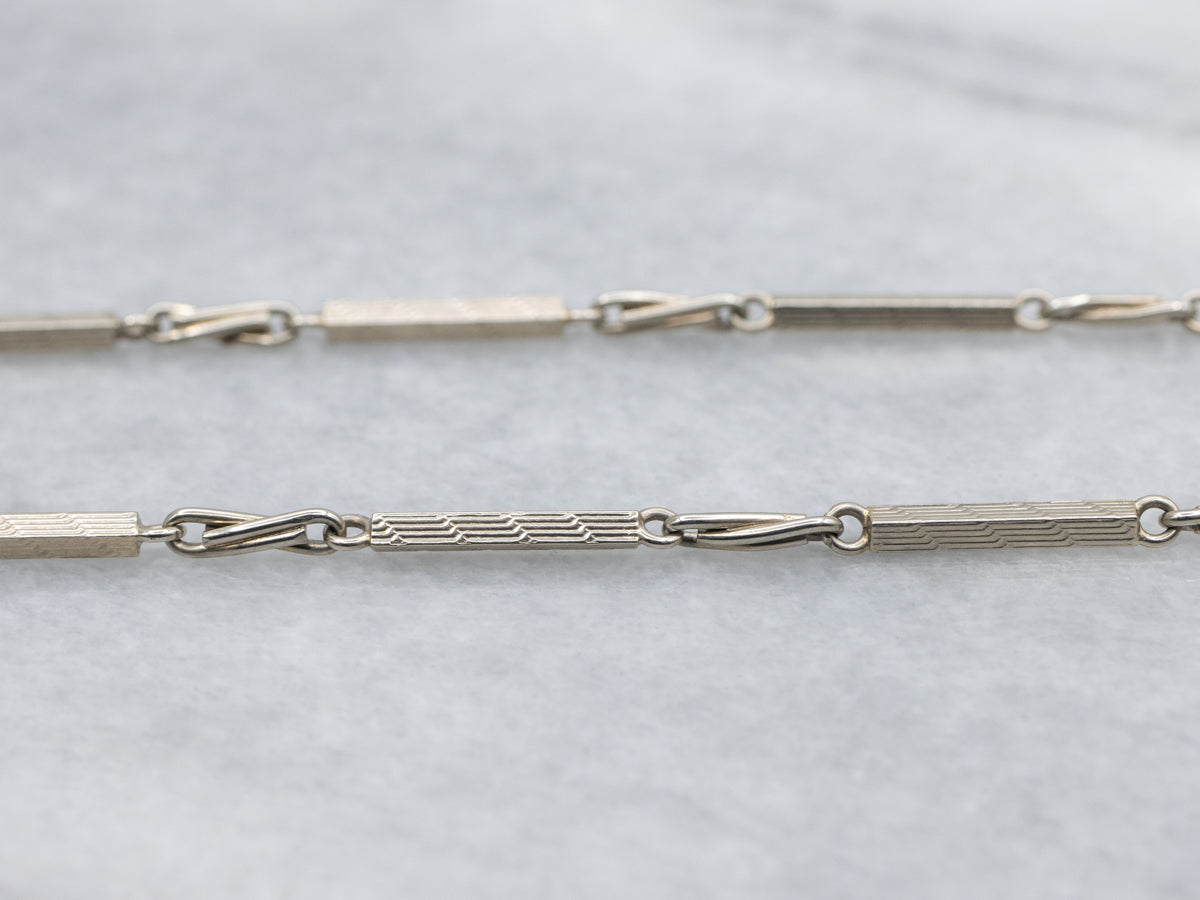 Vintage Etched White Gold Bar-Link Pocket Watch Chain