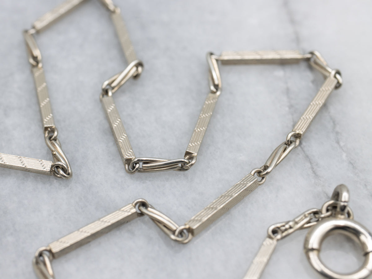 Vintage Etched White Gold Bar-Link Pocket Watch Chain