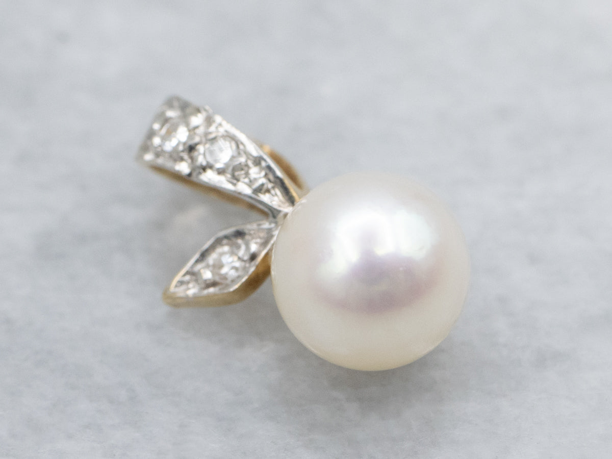 Vintage Saltwater Pearl and Diamond Two-Tone Botanical Pendant