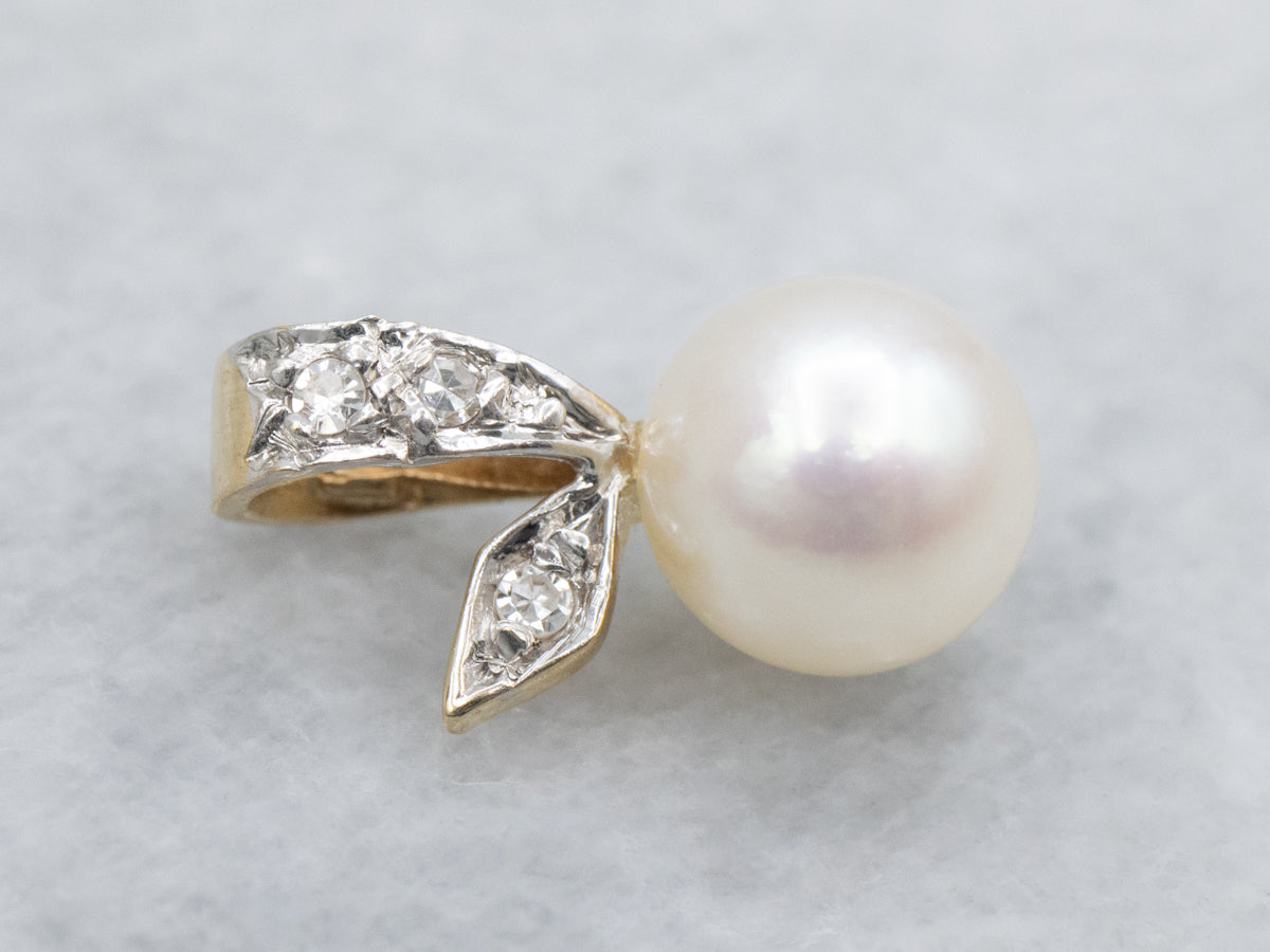 Vintage Saltwater Pearl and Diamond Two-Tone Botanical Pendant