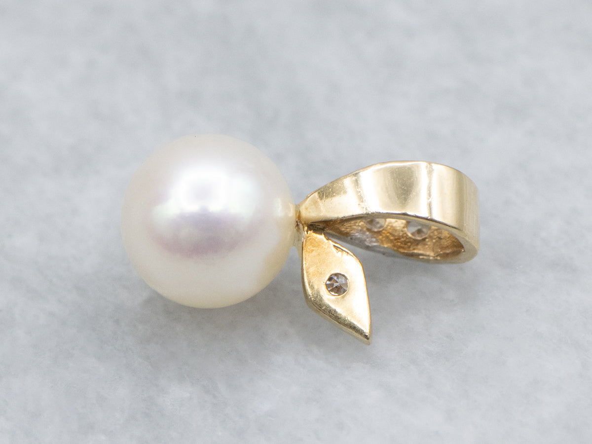 Vintage Saltwater Pearl and Diamond Two-Tone Botanical Pendant