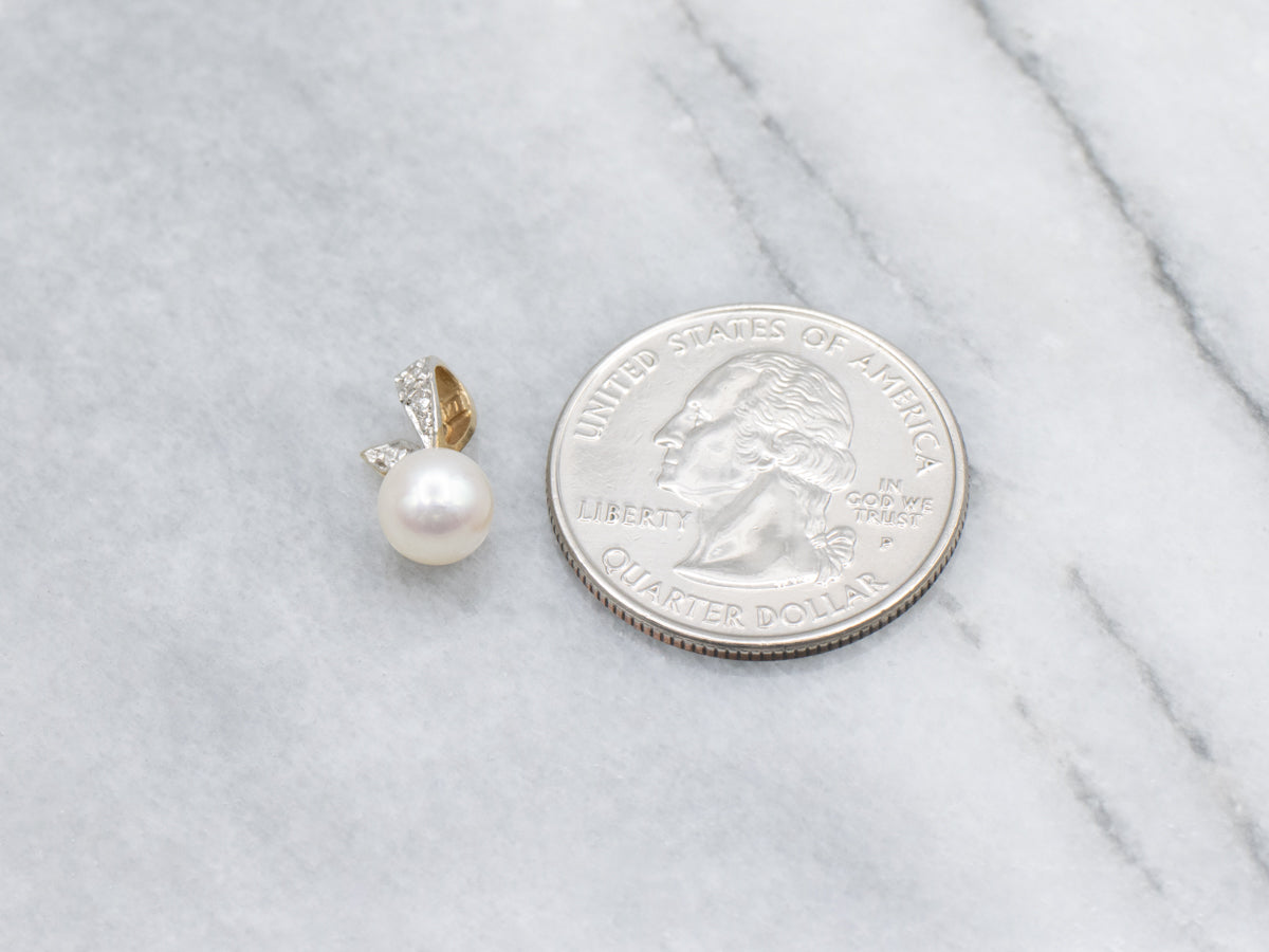 Vintage Saltwater Pearl and Diamond Two-Tone Botanical Pendant