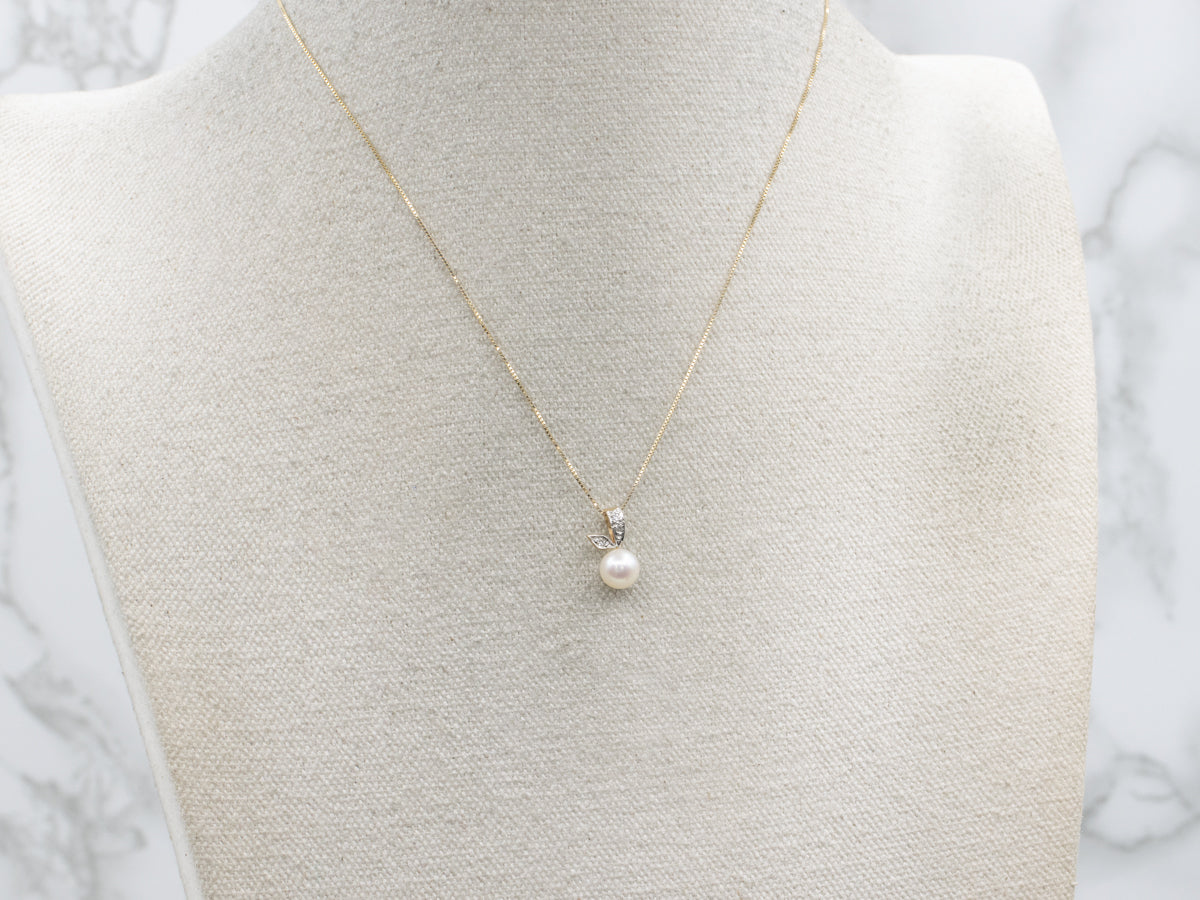 Vintage Saltwater Pearl and Diamond Two-Tone Botanical Pendant