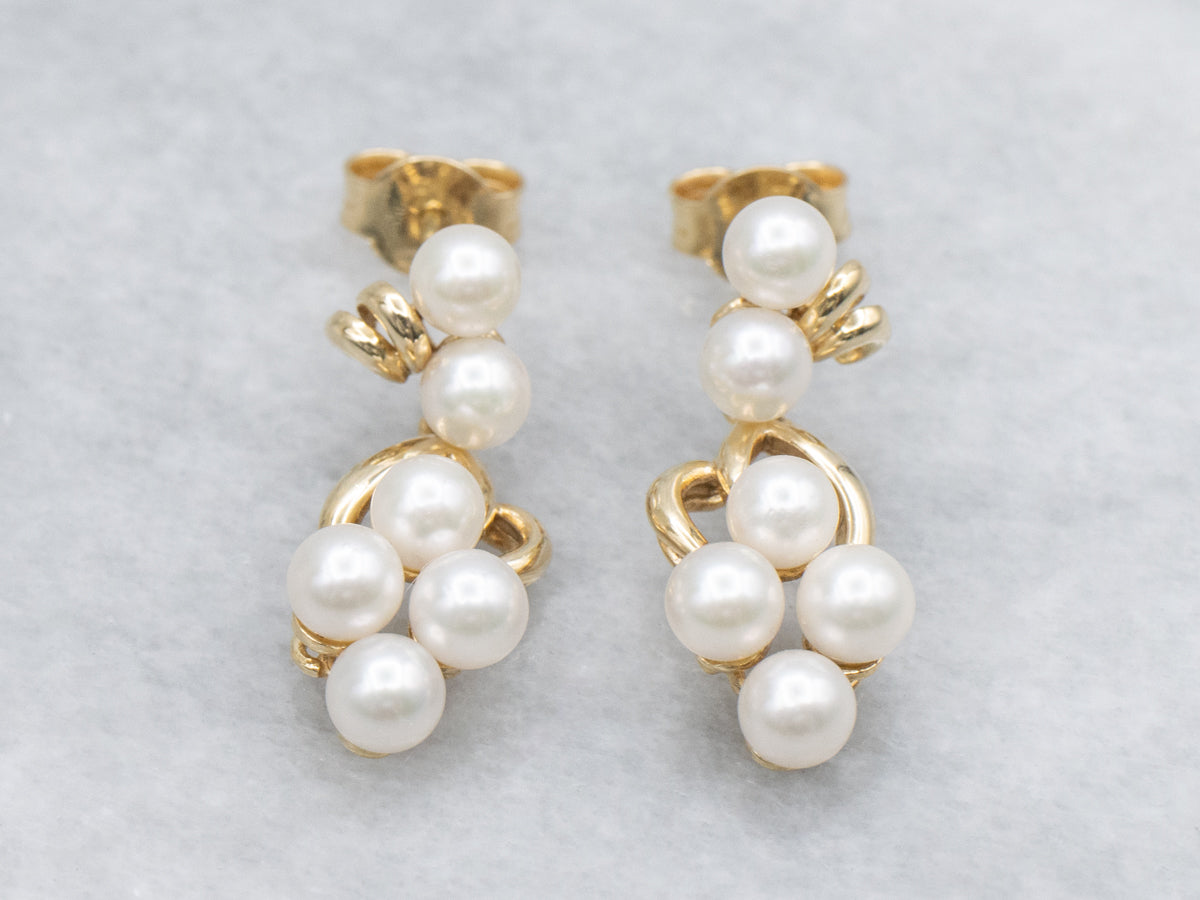 Yellow Gold Saltwater Pearl Cluster Drop Earrings