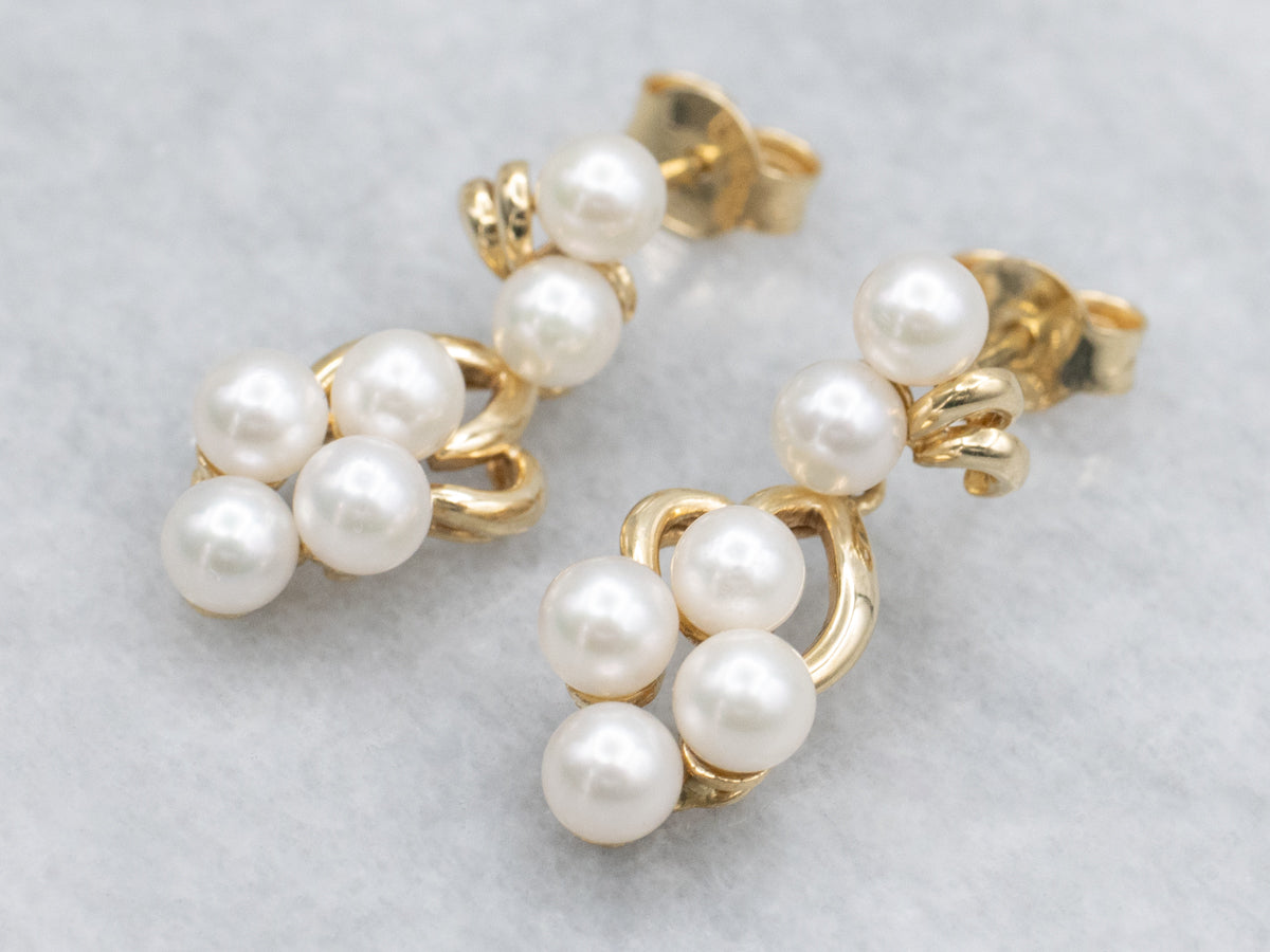 Yellow Gold Saltwater Pearl Cluster Drop Earrings