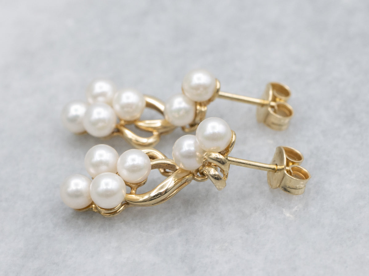 Yellow Gold Saltwater Pearl Cluster Drop Earrings