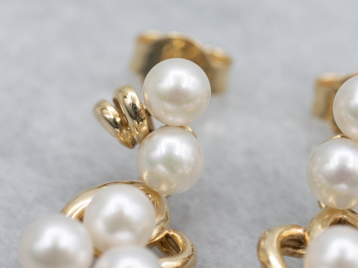 Yellow Gold Saltwater Pearl Cluster Drop Earrings
