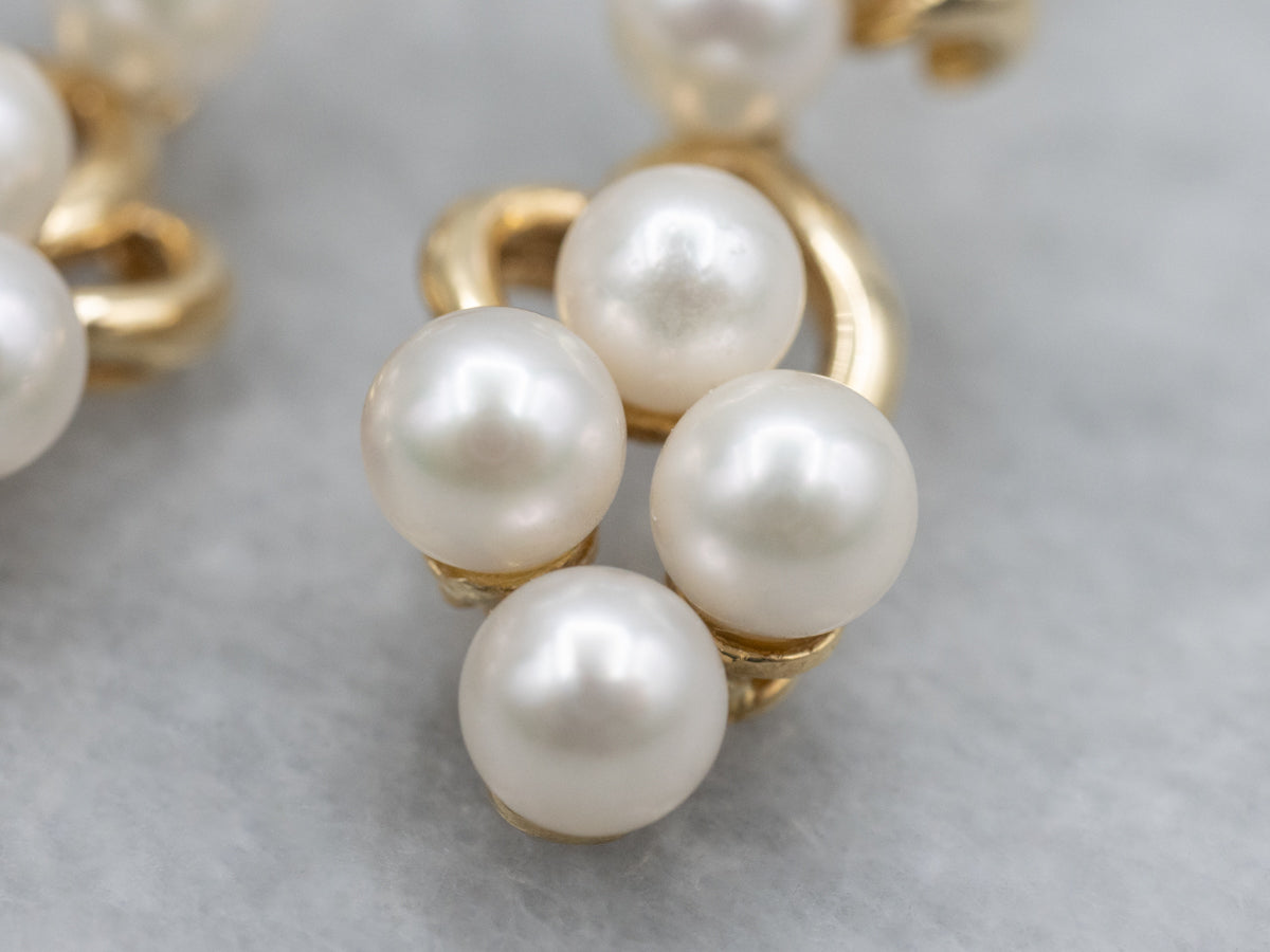 Yellow Gold Saltwater Pearl Cluster Drop Earrings