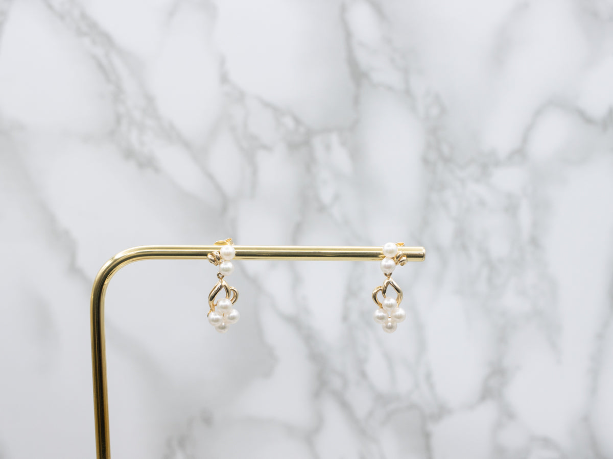 Yellow Gold Saltwater Pearl Cluster Drop Earrings
