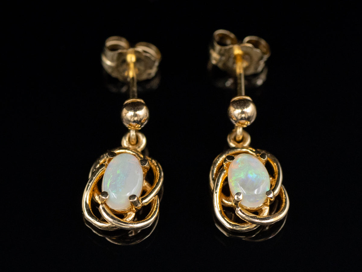 Vintage Twisting Gold Opal Drop Earrings