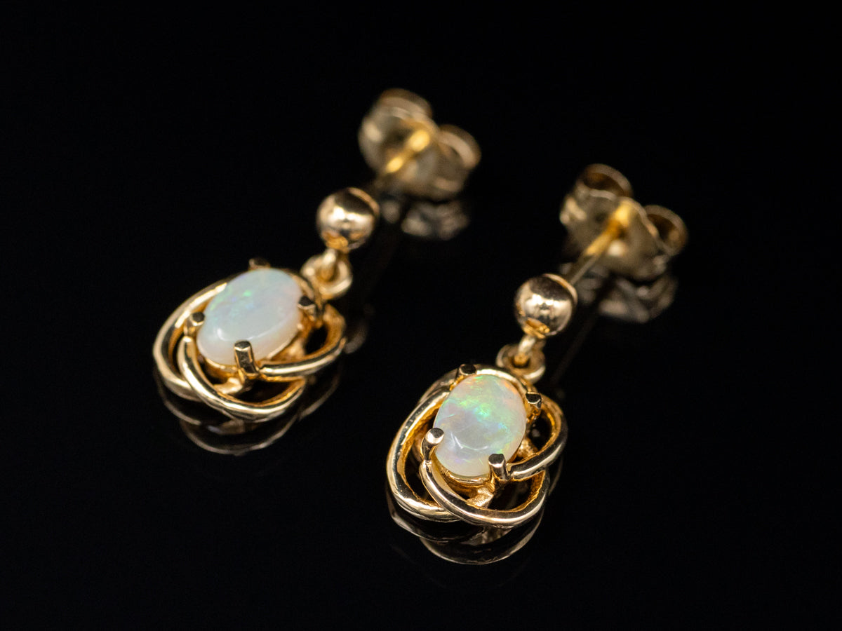 Vintage Twisting Gold Opal Drop Earrings