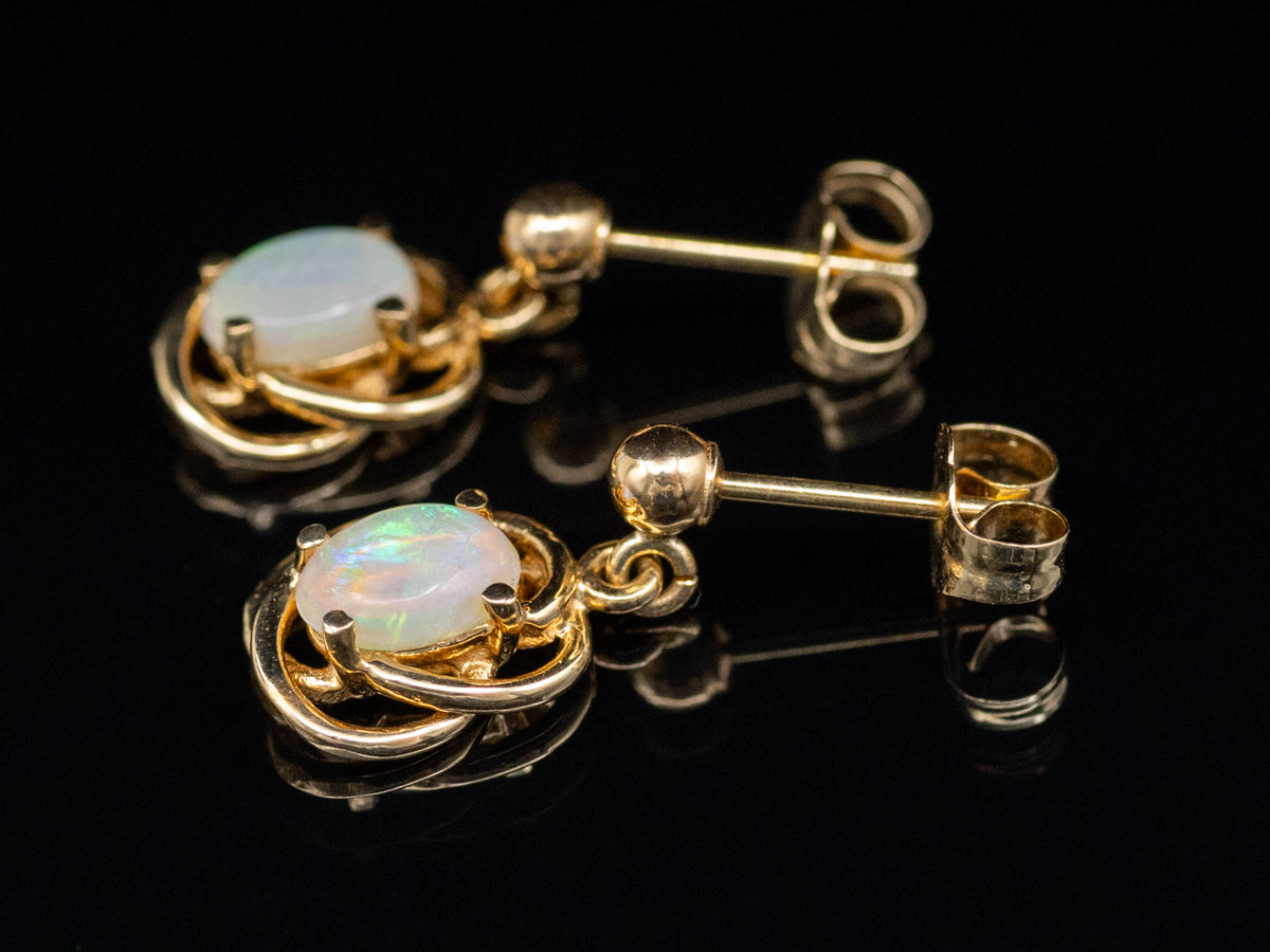 Vintage Twisting Gold Opal Drop Earrings