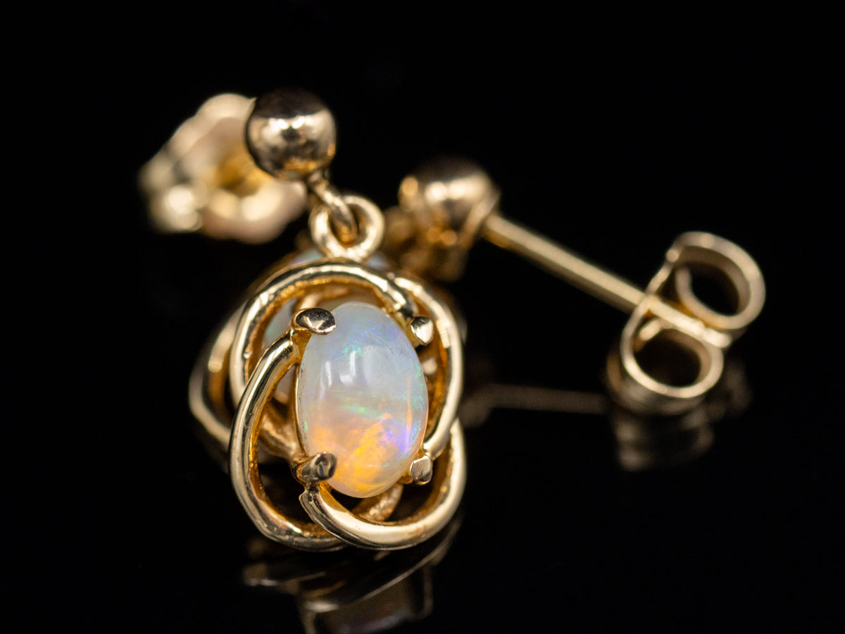 Vintage Twisting Gold Opal Drop Earrings