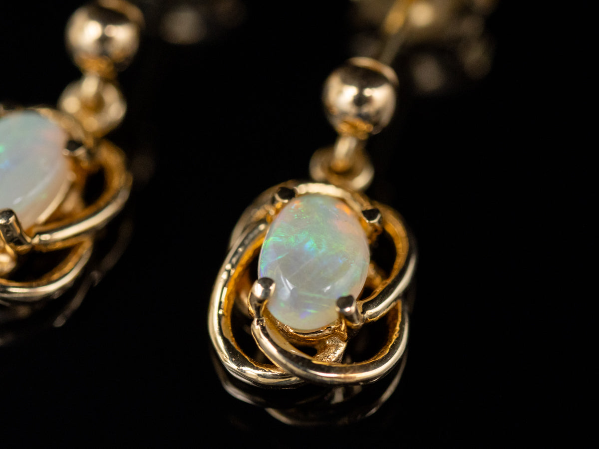 Vintage Twisting Gold Opal Drop Earrings