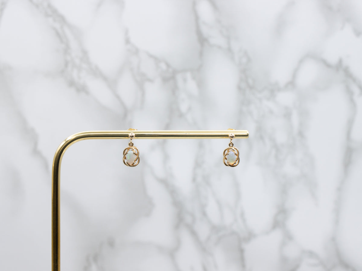 Vintage Twisting Gold Opal Drop Earrings