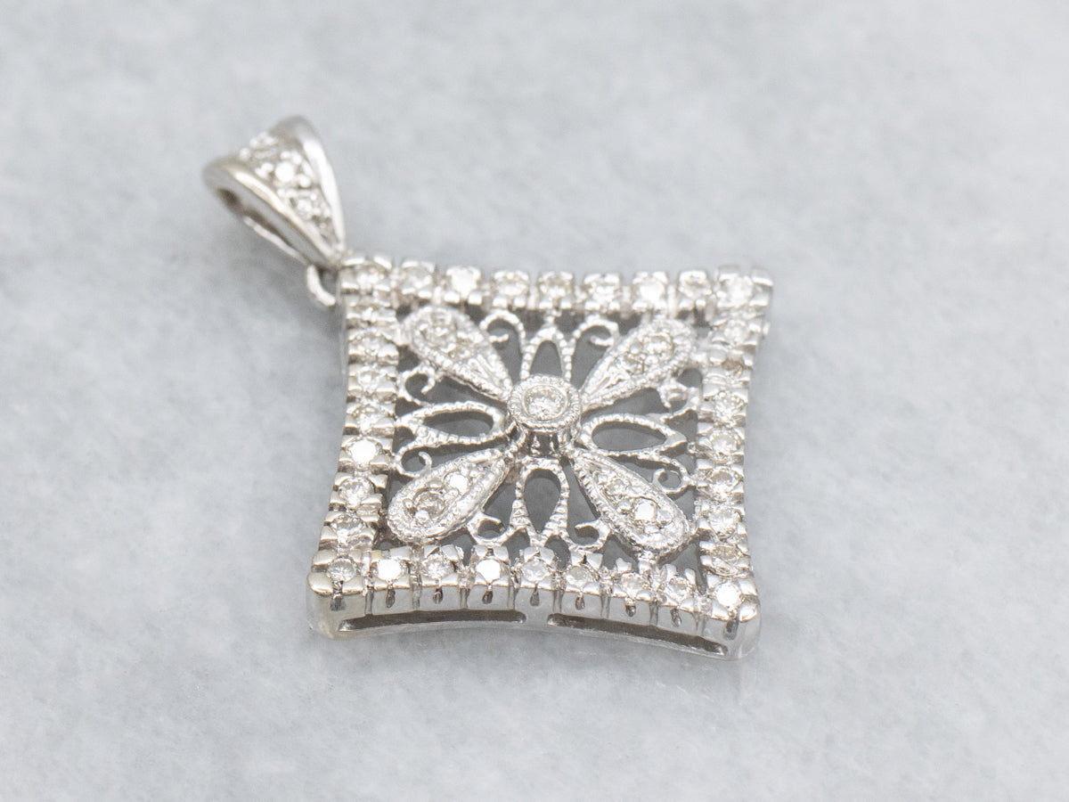 Floral Filigree White Gold Diamond Pendant