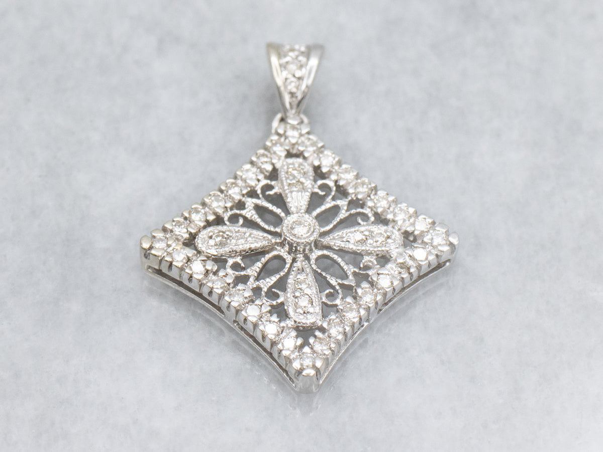 Floral Filigree White Gold Diamond Pendant