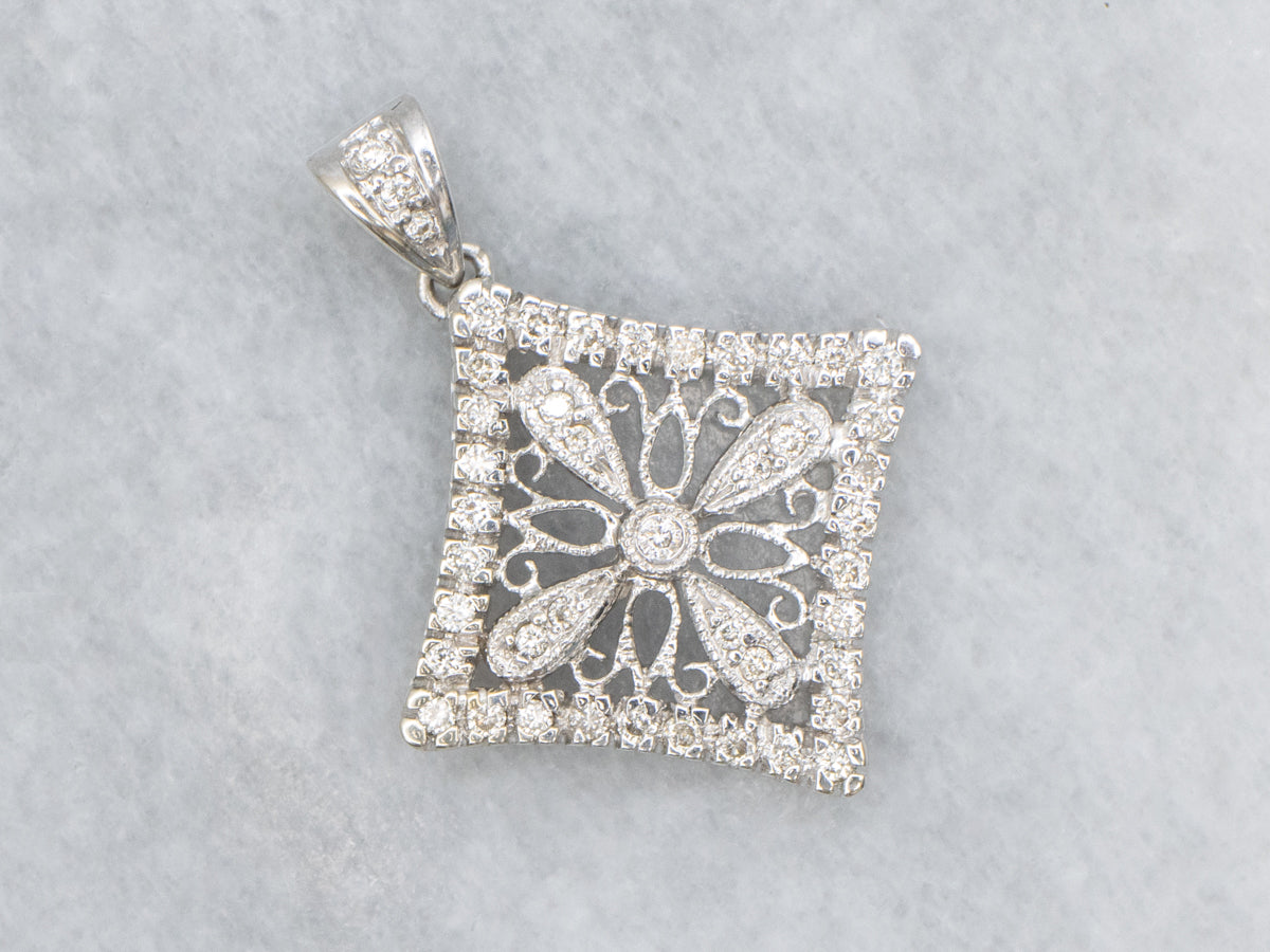 Floral Filigree White Gold Diamond Pendant