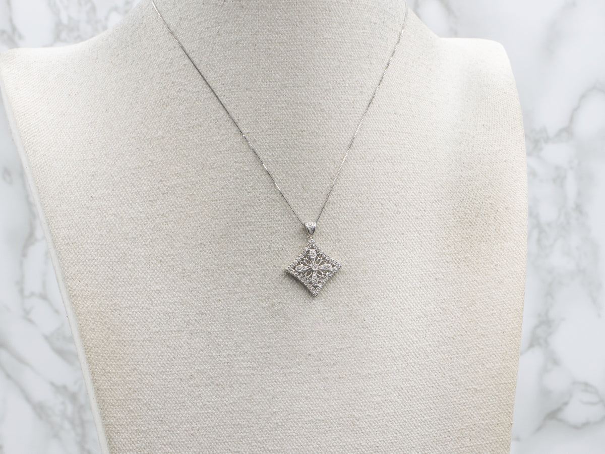 Floral Filigree White Gold Diamond Pendant