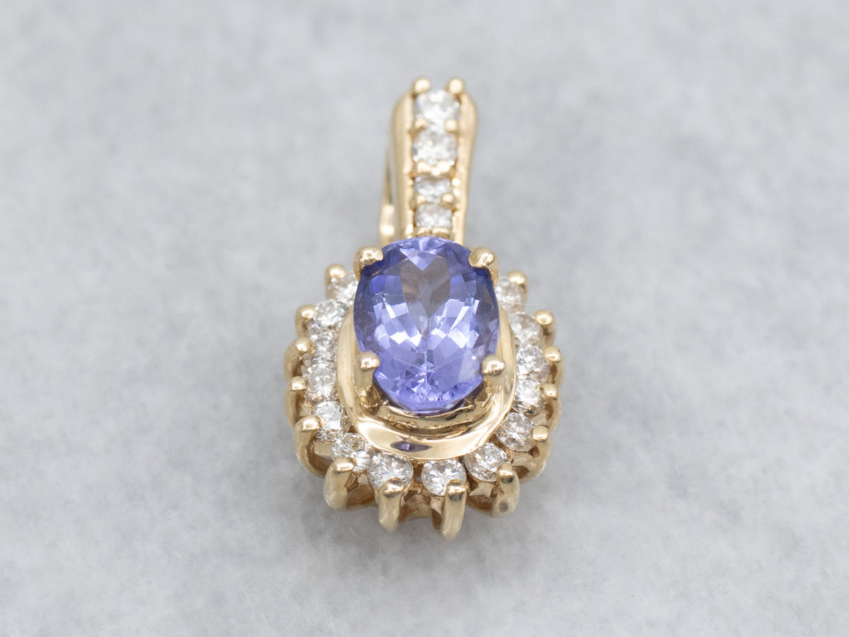 Modern Tanzanite and Diamond Halo Pendant