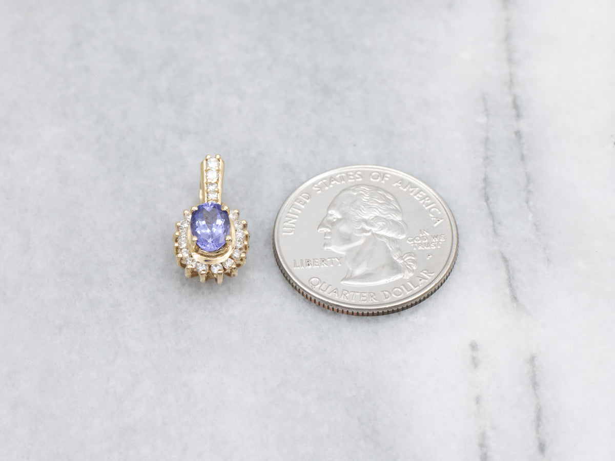 Modern Tanzanite and Diamond Halo Pendant