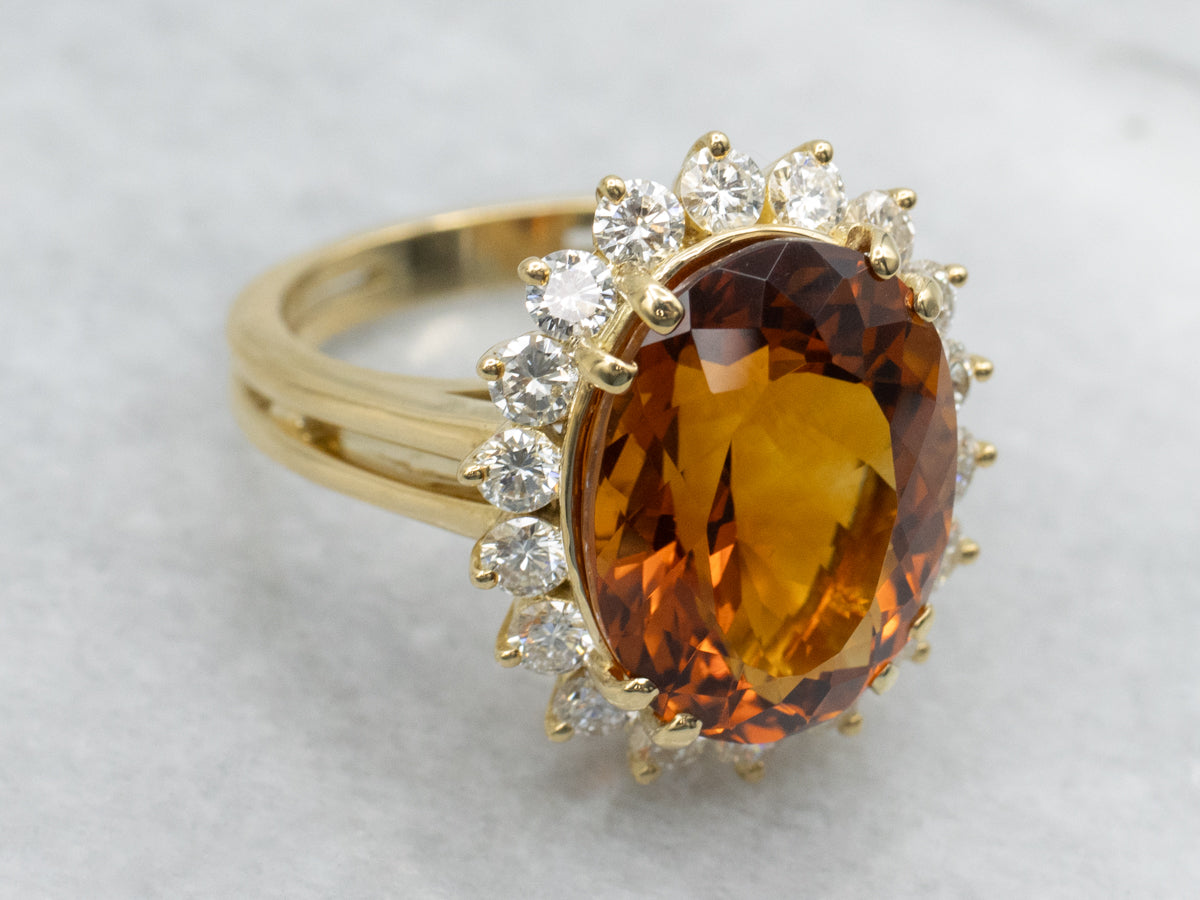 18-Karat Gold Citrine and Diamond Halo Ring