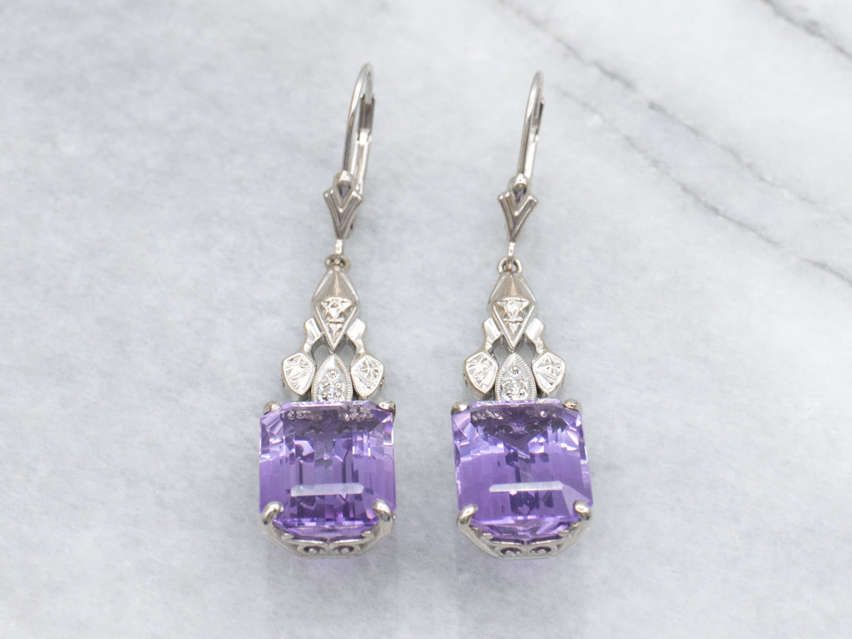 Amethyst and Diamond White Gold Retro Earrings