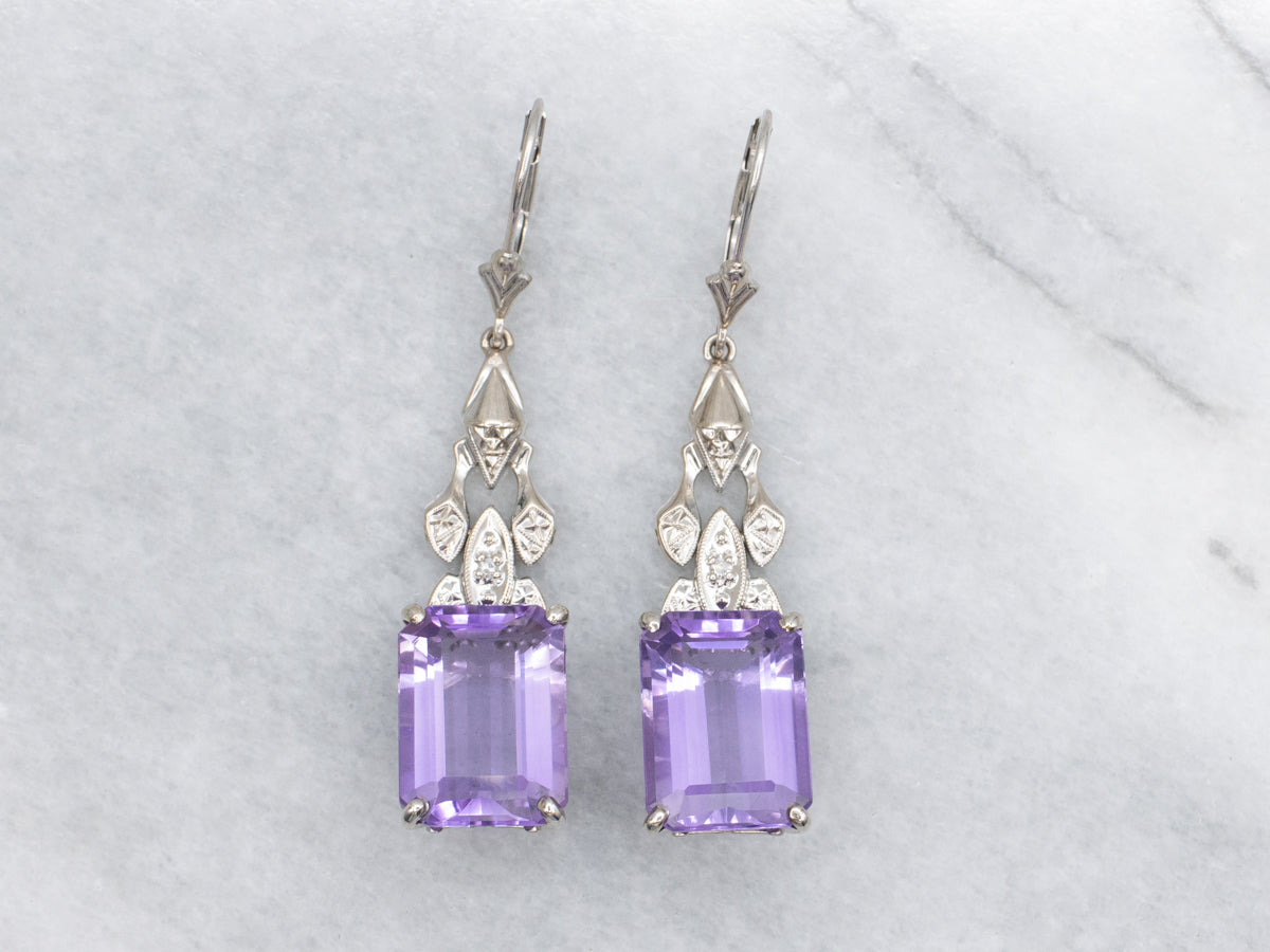 Amethyst and Diamond White Gold Retro Earrings