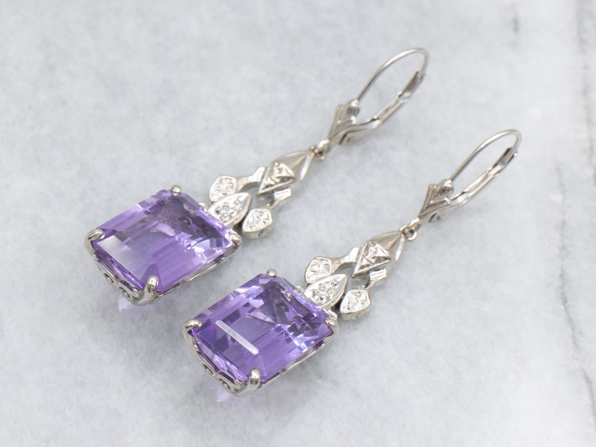 Amethyst and Diamond White Gold Retro Earrings