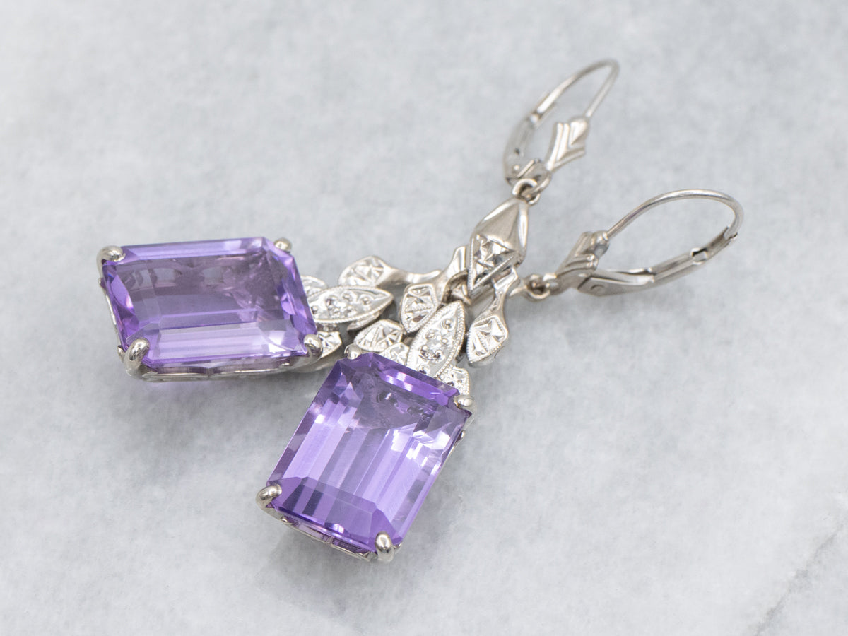 Amethyst and Diamond White Gold Retro Earrings