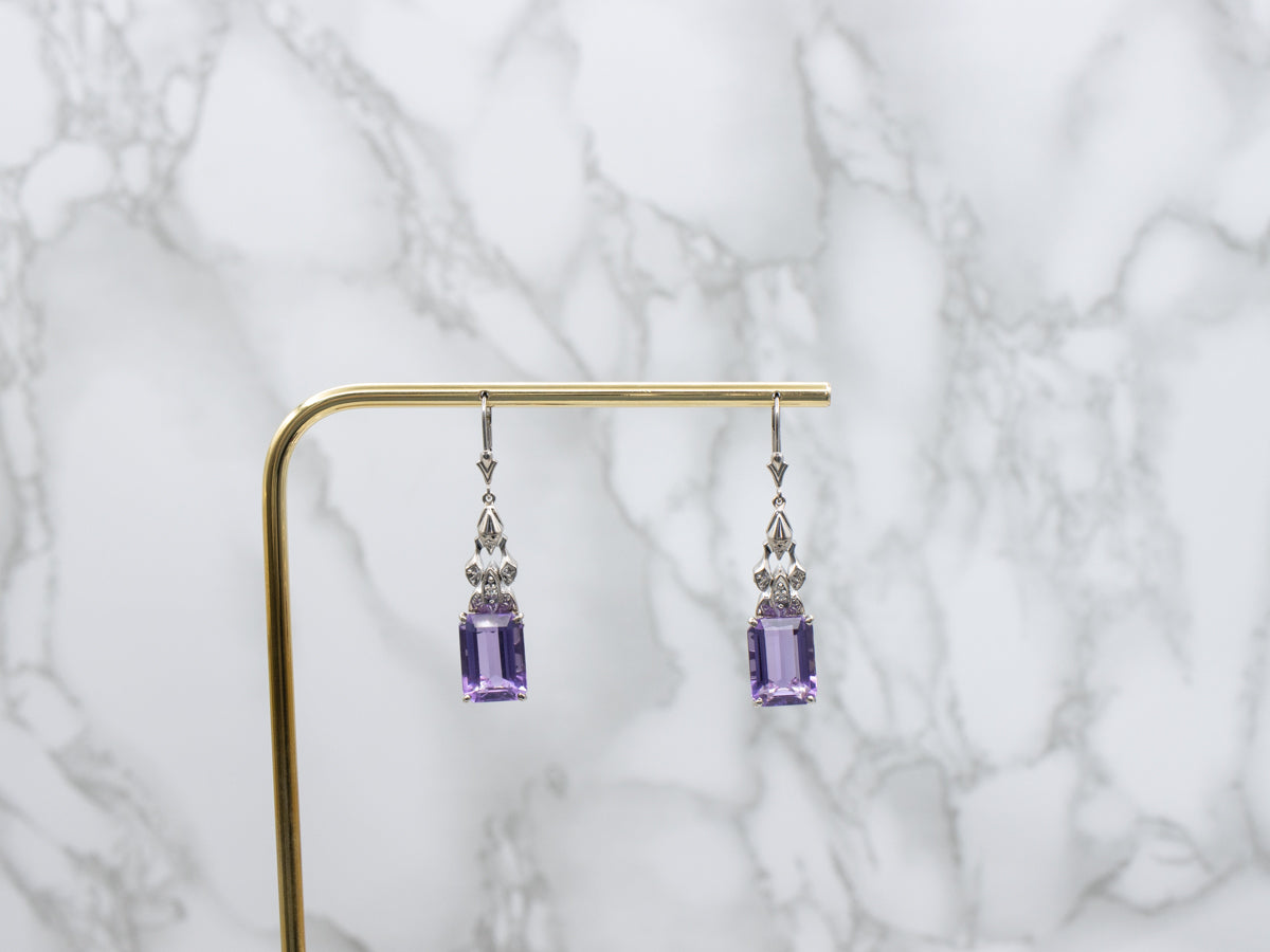 Amethyst and Diamond White Gold Retro Earrings