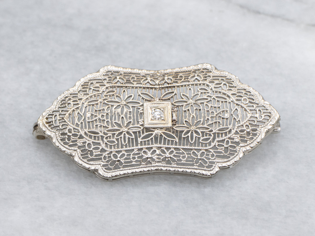 Diamond Art Deco Floral Filigree White Gold Pin