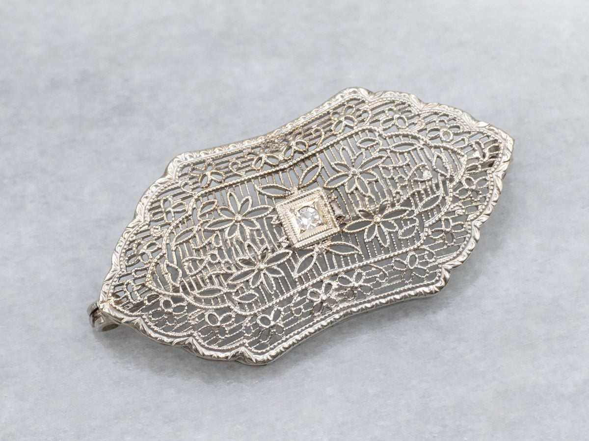 Diamond Art Deco Floral Filigree White Gold Pin