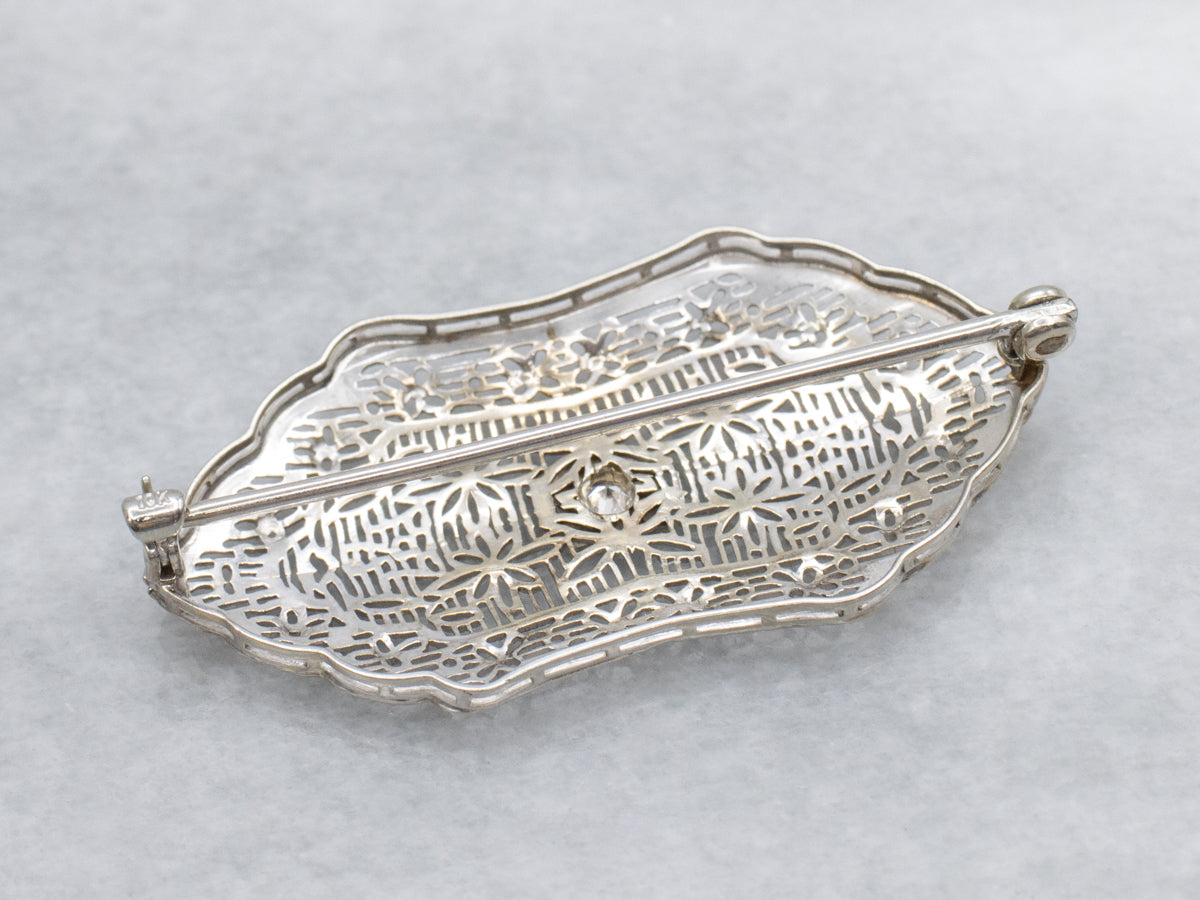 Diamond Art Deco Floral Filigree White Gold Pin