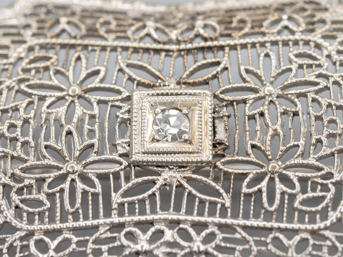 Diamond Art Deco Floral Filigree White Gold Pin