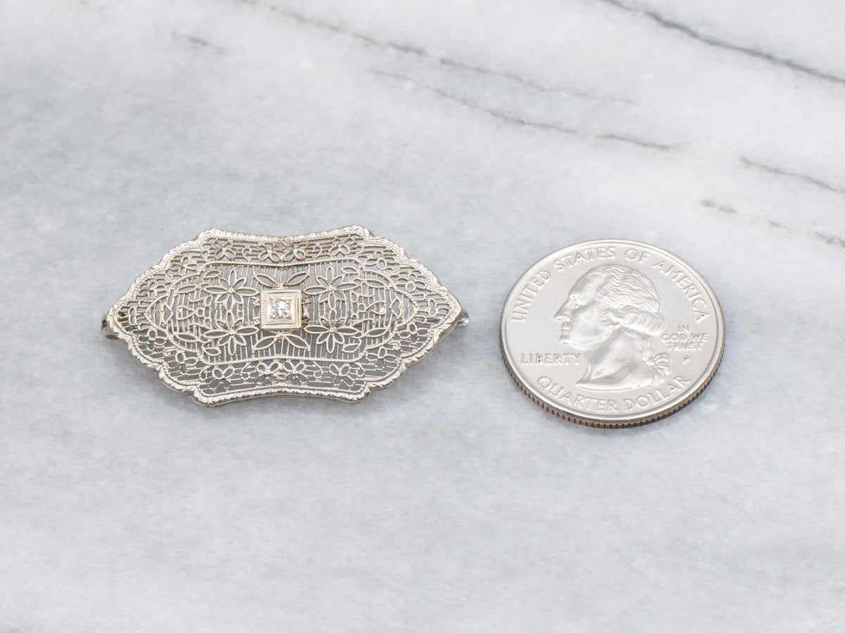 Diamond Art Deco Floral Filigree White Gold Pin