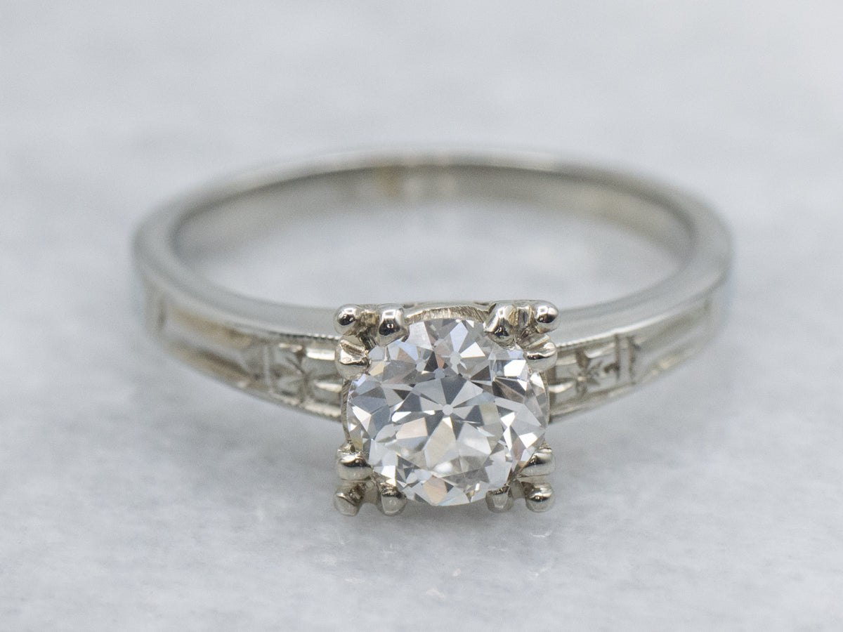 Antique European Cut Diamond Engagement Ring with Floral Details