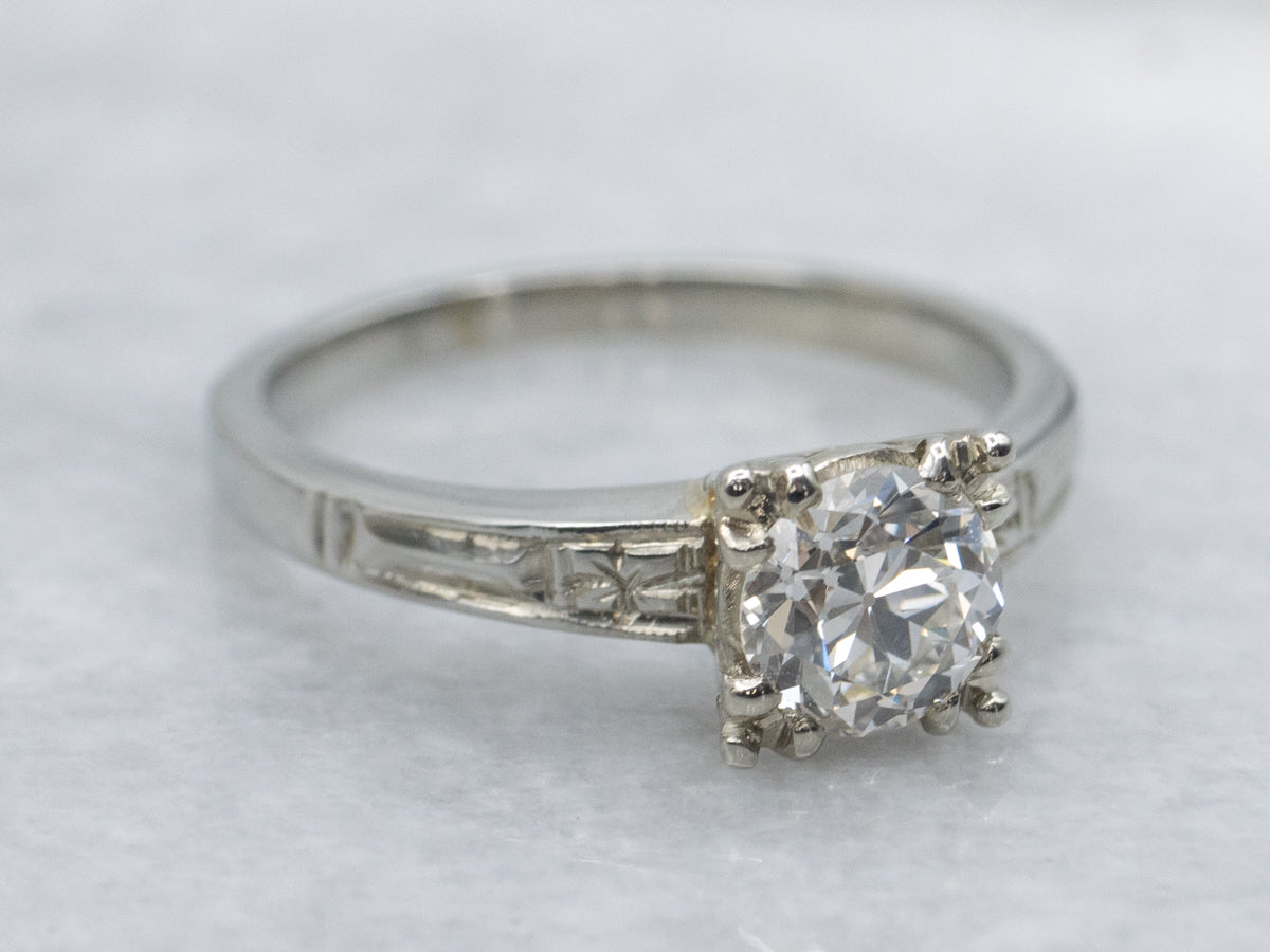 Antique European Cut Diamond Engagement Ring with Floral Details