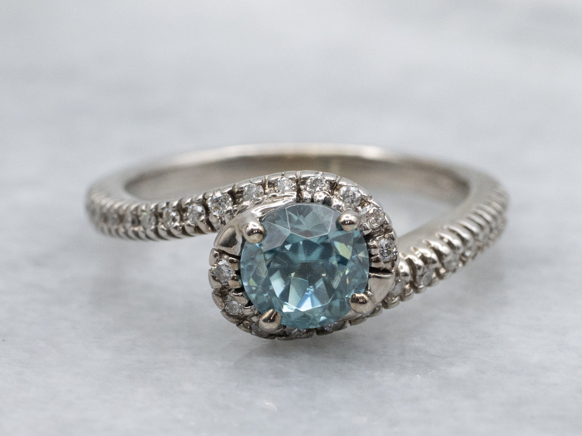 White Gold Blue Zircon and Diamond Bypass Ring
