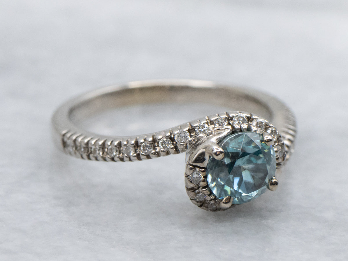 White Gold Blue Zircon and Diamond Bypass Ring