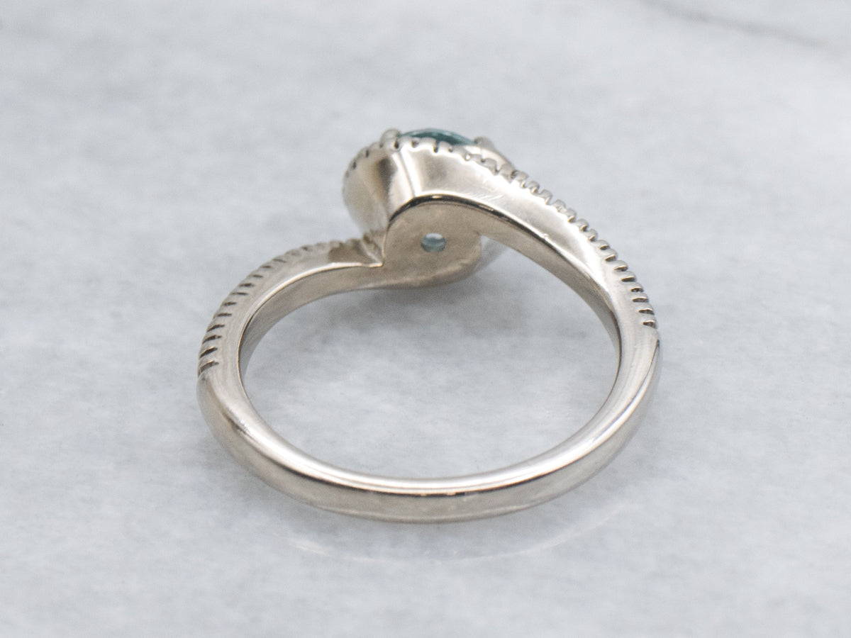 White Gold Blue Zircon and Diamond Bypass Ring